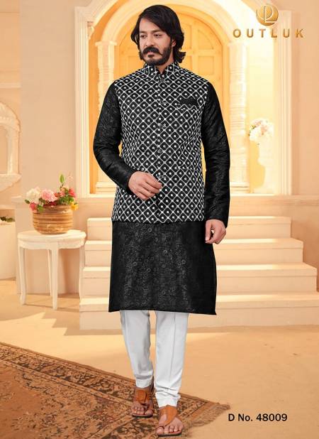 Black New Party Wear Kurta Pajama With Jacket Mens Collection 48009